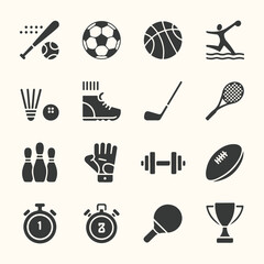 Obraz premium A vector icon set of sports equipment and symbols including tennis, football, and basketball