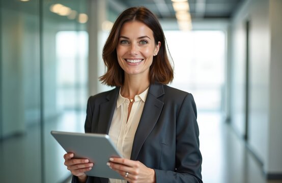 Portrait of pro business woman holding tablet, smiling in modern office hallway. Caucasian employee looks confident. Manager, executive wearing formal attire. Businesswoman using digital device for