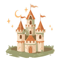Fototapeta premium Whimsical fairytale castle with stars and moon, charming children’s fantasy illustration