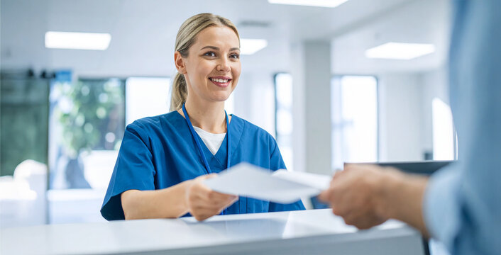 Smiling nurse at hospital reception handing medical documents to patient in healthcare clinic, professional nurse at reception desk supporting hospital administration