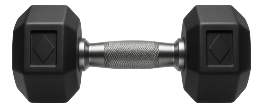 Hex dumbbell with rubber-coated heads and an anti-slip grip handle