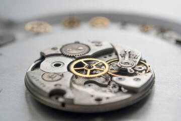 Pocket watch mechanism. Mechanical steel clockwork with cogwheel and screw