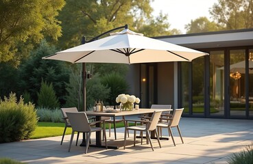Cozy outdoor patio dining setup under large sun umbrella on sunny day. Modern backyard garden with table setting, chairs, beverages, flowers. Calm open air terrace, hosting friends, family gathering,