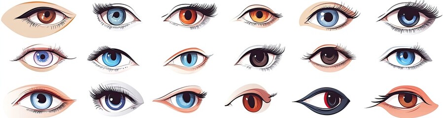 Vector graphic of various eye shapes and styles, simple vector style, clip art, white background
