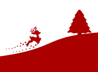 Christmas illustration with reindeer and fir tree in white and red color - vector