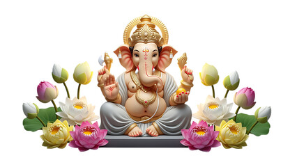 Lord Ganesha statue surrounded by lotus flowers, vibrant colors, spiritual representation, Ganapati bappa, indian festial
