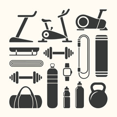 Obraz premium Black silhouette icons of construction and bathroom tools including a hammer, saw, and comb in a vector set