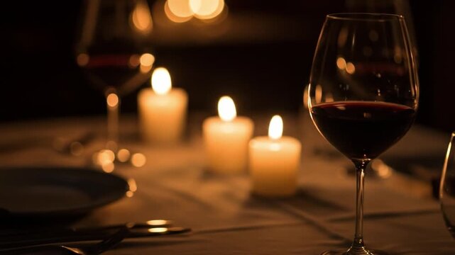 Romantic dining setup with wine glasses candlelight and tableware on a dimly lit table