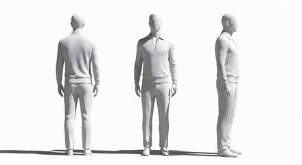 Three white mannequins posed in front back and side views displaying casual attire