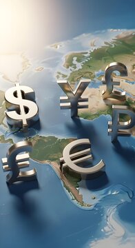3d render illustration of five currency symbols including US dollar ($), Japanese yen (&yen;), British pound (&pound;), Euro (&euro;), and Russian ruble (₽) arranged on a world map background.
