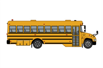 Yellow classic school bus. Side view. School bus  for kids books. Vector flat illustration  school bus isolated on white background. Back to school.