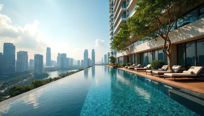 Infinity pool with Singapore skyline background. Luxury condo with rooftop pool, city view, perfect for vacations, travel, relaxation. Modern architecture, elegant design, sophisticated lifestyle