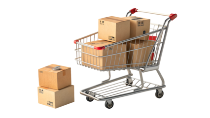3D shopping cart filled with boxes, isolated on a white background.