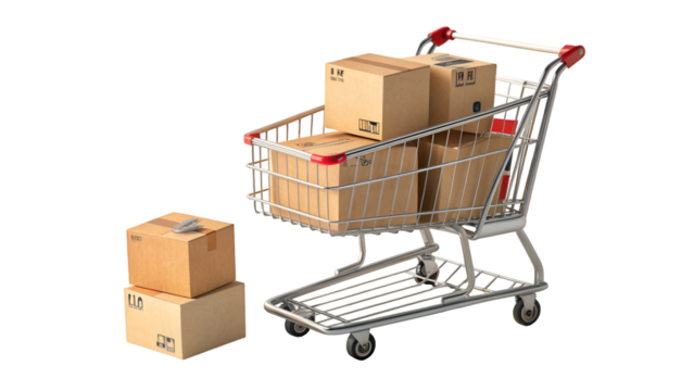 3D shopping cart filled with boxes, isolated on a white background.