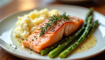 Gourmet salmon fillet with asparagus, mashed potatoes presented elegantly on white plate. Delicious dish served in cozy restaurant setting, offering warm, inviting dining atmosphere with soft