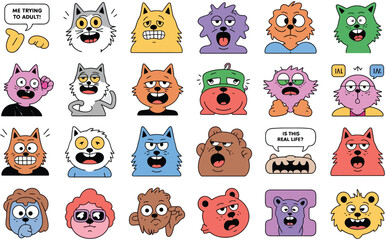 Collection of cute cartoon monsters with expressive faces and speech bubbles isolated on transparent background