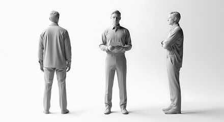 Three male figures in casual attire displayed from multiple angles capturing diverse poses and perspectives