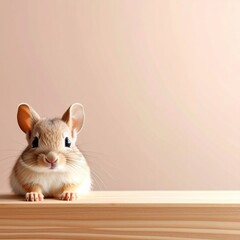 Obraz premium A charming gerbil perching with an inquisitive expression on a wooden surface. The scene is illuminated with soft lighting.