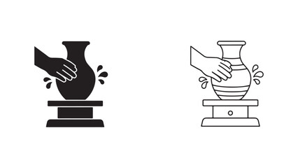 Pottery making hands on wheel outline icons