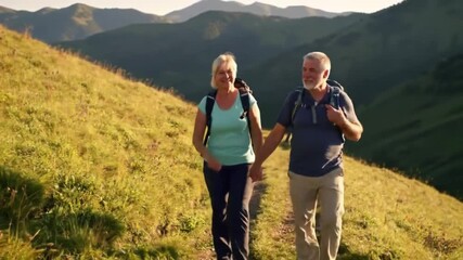 Elderly couple walking on mountain trail. - Powered by Adobe