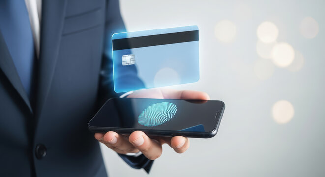 Businessman in a suit holding smartphone with digital payment interface, showcasing modern technology and secure transactions in a professional environment with blurred background