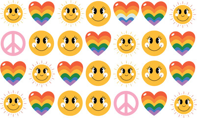 Collection of rainbow hearts and smiley face emojis isolated on transparent background