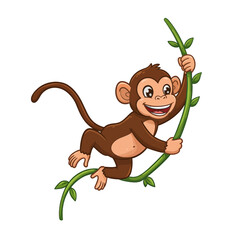 Cartoon monkey happily swinging from a vine in a jungle setting.