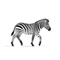 Obraz premium A zebra walking, depicted in black and white stripes, moving across a white background.