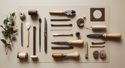 A still life of tools arranged on a rectangular surface with a sprig of leaves to the left