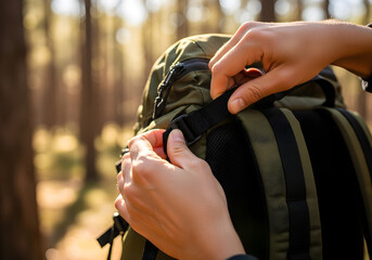 Close-up of hands adjusting the straps of a green backpack in a forest setting.