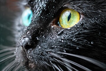 Extreme close-up of black cat face with water droplets highlighting blue and yellow-green eyes