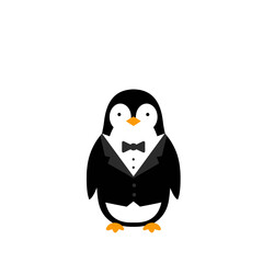 Fototapeta premium A cartoon penguin, formally dressed in a tuxedo, stands against a white background.