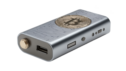 Metallic crypto wallet with Bitcoin emblem, USB ports, and button controls