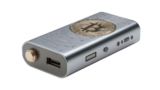 Metallic crypto wallet with Bitcoin emblem, USB ports, and button controls