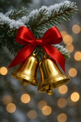 Golden Christmas bells with red bow on snowy pine branch, warm bokeh lights—festive holiday background with copy space.