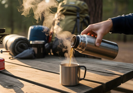 Close-up shot of a person pouring hot coffee from a thermos into a mug on a wooden table during a camping trip.