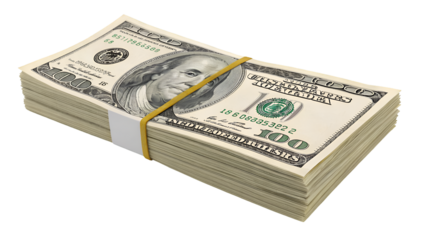 Realistic bundle of dollar bills neatly stacked, isolated on a white background.