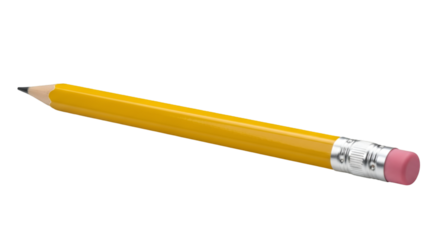 simple yellow pencil with eraser tip, isolated on a white background.