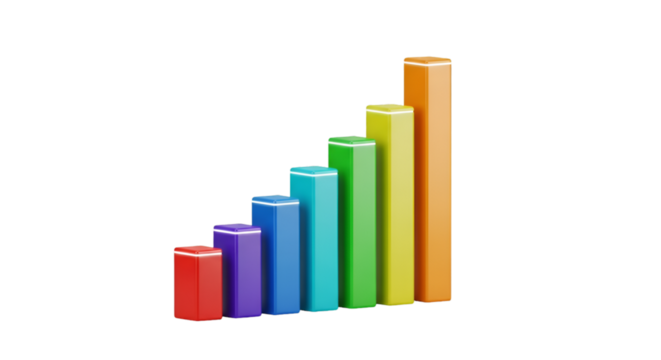 A 3D colorful bar graph showing growth, isolated on a white background.