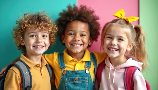 Happy diverse kids smile in colorful back to school setting. Portrait of boy, girls embrace in joy. Friends laugh. Playful pupils with backpacks vibrant, bright apparel enjoy school days.