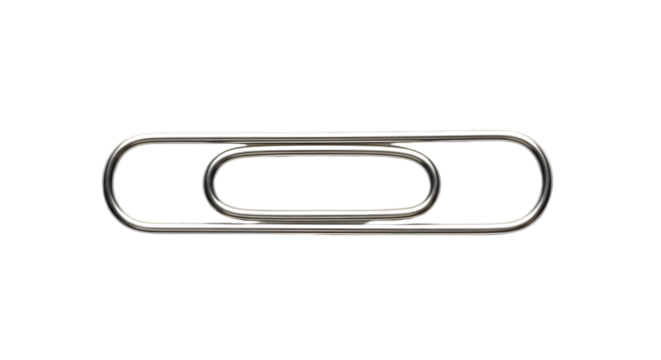A metallic paper clip, isolated on a white background.