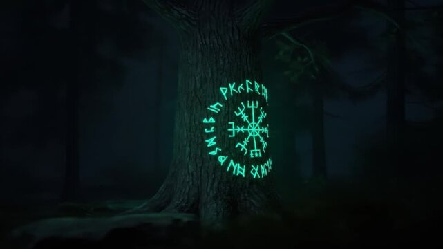 Tree with glowing Vegvisir and runic inscription in a dark forest