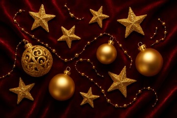 Gold stars, snowflakes, and baubles on red velvet &mdash; elegant Christmas backdrop for cards, ads, and decor designs.