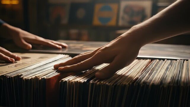 Hands Browsing Through Vintage Vinyl Records in a Record Store