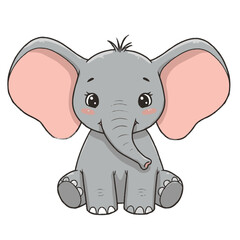Naklejka premium Cute cartoon elephant sitting, with large ears and big eyes.