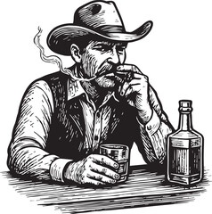 cowboy drinking whisky and smoking a cigar vector illustration