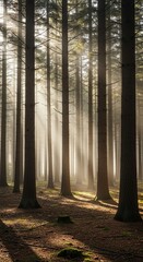 Misty Sunlight Filtering Through a Dense Pine Forest &ndash; Vertical Composition