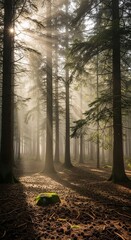 Misty Sunlight Filtering Through a Dense Pine Forest &ndash; Vertical Composition