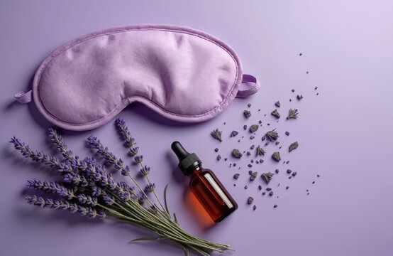 Flatlay composition featuring sleep mask, lavender essential oil, dried lavender flowers against purple background. Set promotes relaxation, aromatherapy, well-being. Calm, peaceful night rest, spa,