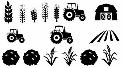 Obraz premium Black silhouettes of wheat ears, tractors, barn, field rows and grain piles on a white background scene